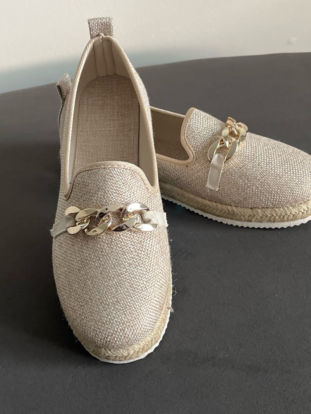 Beige Espadrille Slip-On Mules with Gold Chain